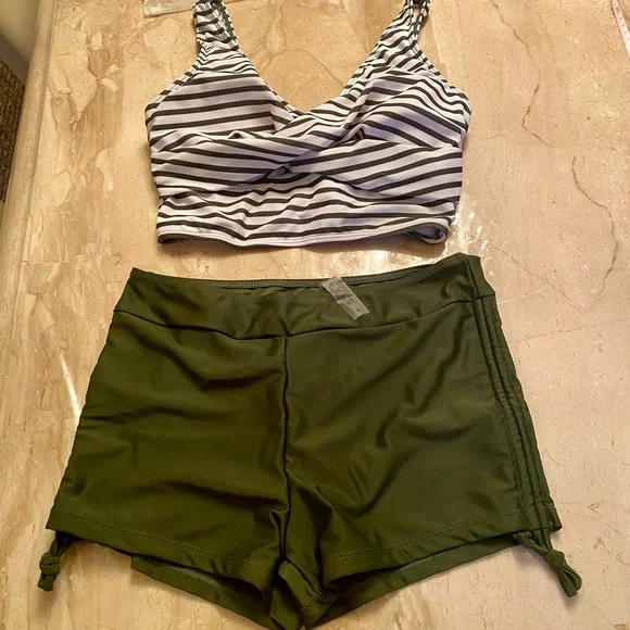 Striped V-Neck Swim Top & Olive Swim Shorts Set