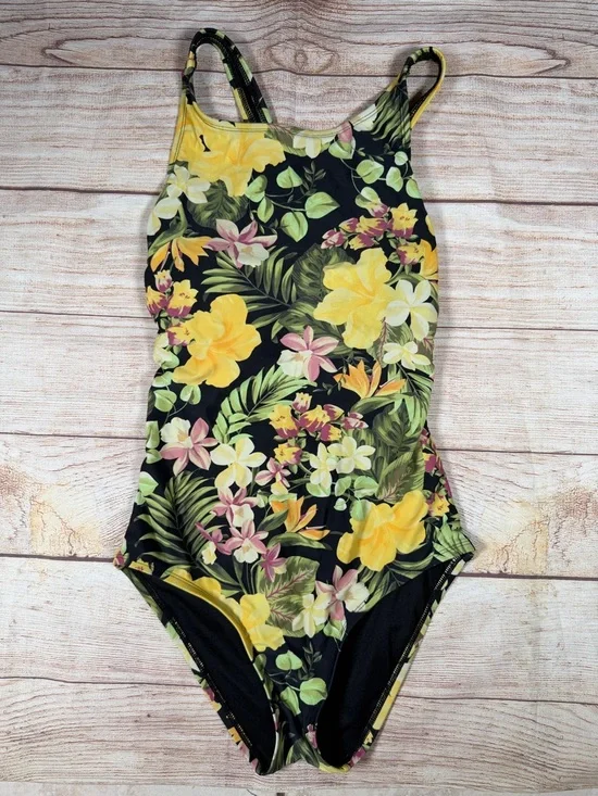 Hurley Black Floral One-Piece Swimsuit with Yellow,‎ Green & Pink