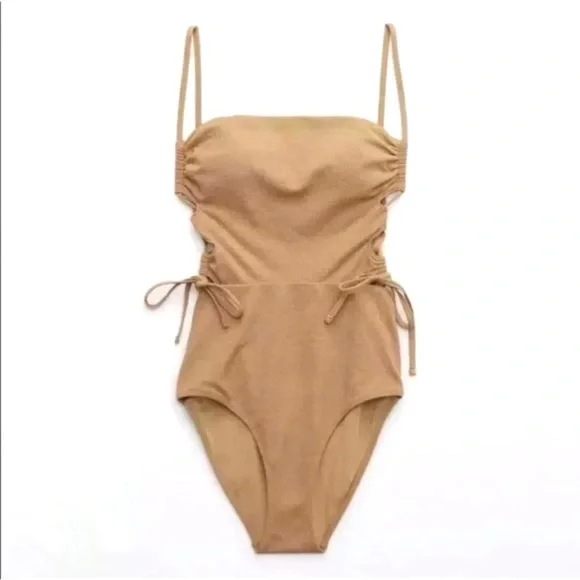 Aerie Pique Lace Up Bandeau One Piece Swimsuit Women's Large Tan Full Coverage