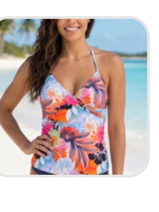 Hapari Floral Halter Tankini Top in Orange Pink Blue.  Size Large