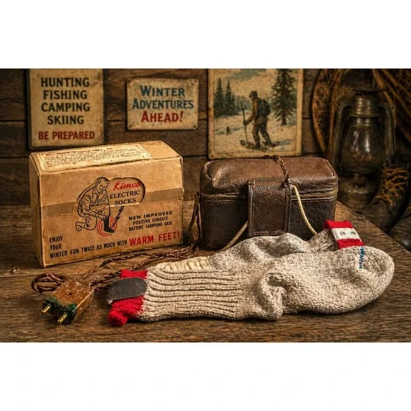 Vintage Kimco Electric Heated Socks with Original Box and‎ Battery Case Grey Red