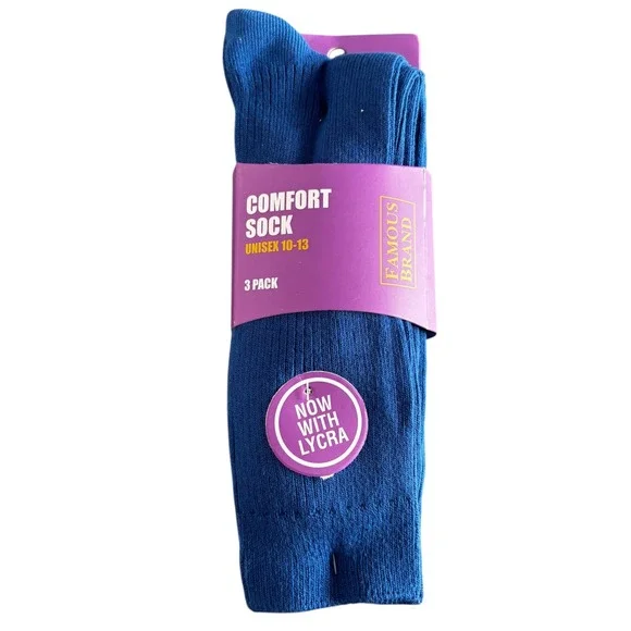 Famous Brand Comfort Socks 3 Pack Blue Unisex 10-13 Ribbed Crew 77Cotton Blend