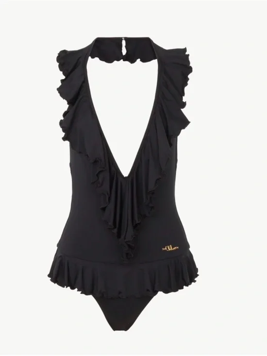 Chloe Ruffled Deep V One-Piece Swimsuit - Black, FR34 (XS/S)