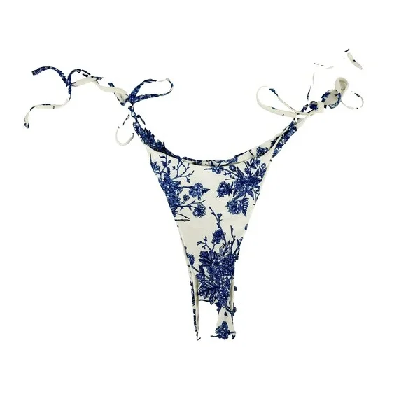 Berlook Blue Floral Bikini Bottom Small Cottagecore Coastal Chinoiserie Side Tie