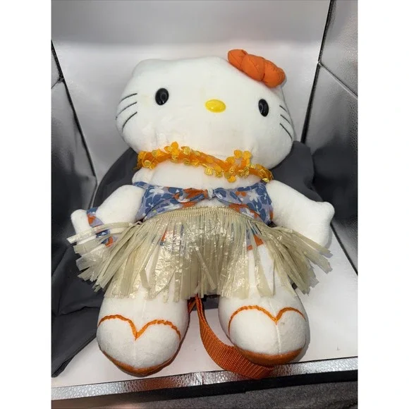 Vintage Sanrio Hello Kitty Hawaiian  Plush Backpack  White W/Orange Pre Owned