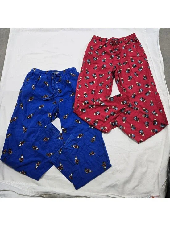 x2 EUC Men's SMALL Polo Ralph Lauren Teddy Bear Knit Pants Red/Blue AOP Pockets