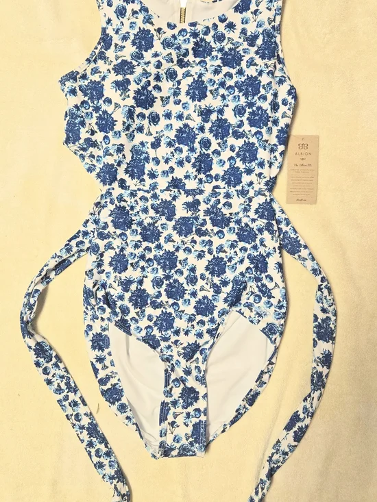 Blue & White Floral Cutout One-Piece Swimsuit with Front Zip