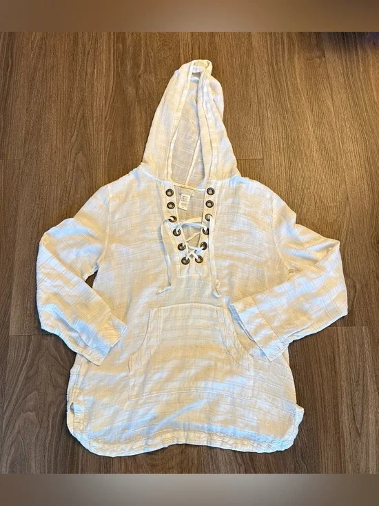 l*space Cream Lace-Up Hooded Top, cover-up with Grommet Detail size small