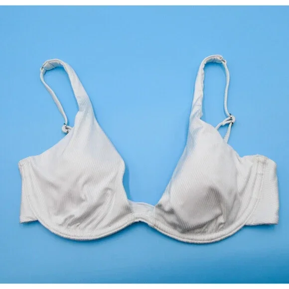 Victorias Secret Medium White Ribbed Underwired Plunge Padded Push-up Bikini Top