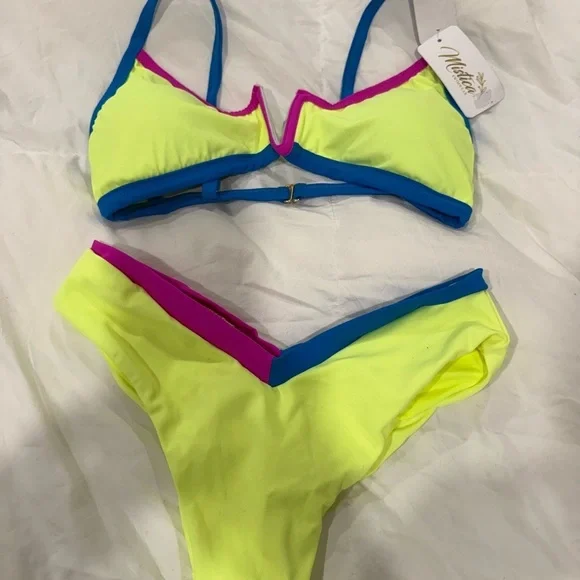MISTICA SWIMWEAR Made in Columbia Neon Yellow and Blue Bikini Set Sz 32 or S