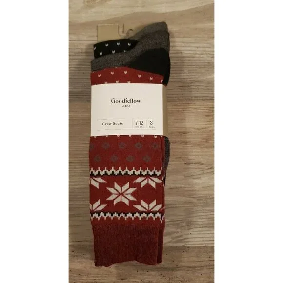 New Mens Goodfellow & Co 3 pack Crew Socks Wine print/Gray Solid/Black Size 7-12
