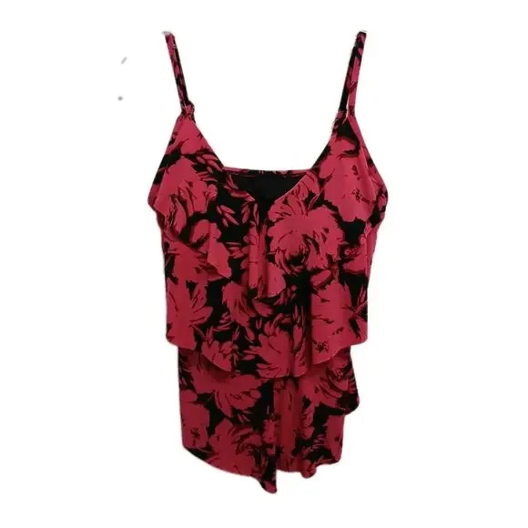 Aqua Green Swim‎ Top Sz M Red Black Floral Tankini Ruffle Adjustable Beach Vaca