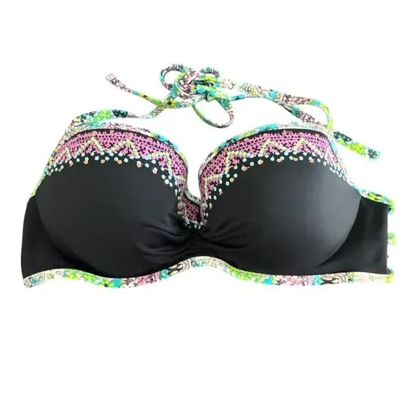 Victorias Secret Bali Embroidered Getaway Halter Bikini‎ Top Black Size 36C