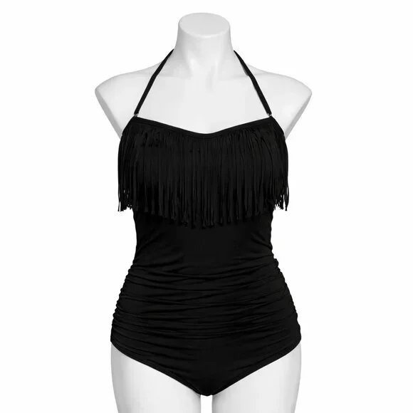 Kim Gravel x Swimsuits For All Black Fringe One Piece Ruched Halter Swimsuit 14