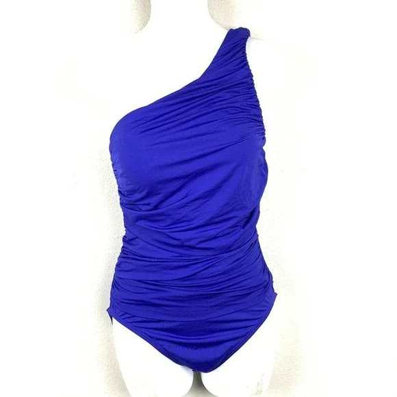 La Blanca One Shoulder Gather Ruched One Piece Swimsuit Size‎ 6 Blue LB4KV14