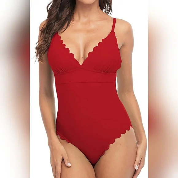 Women High Cut One Piece Swimsuit Scalloped Padded Swimwear Backless Bathingsuit