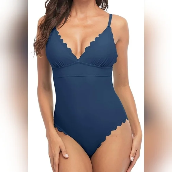 Women High Cut One Piece Swimsuit Scalloped Padded Swimwear Backless Bathingsuit