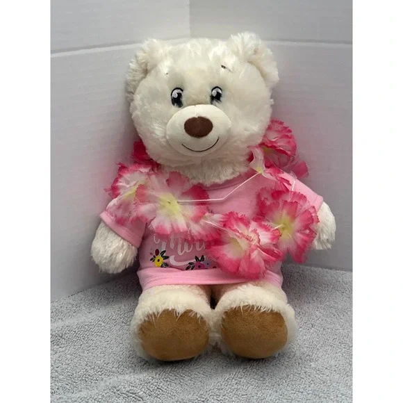 Build-A-Bear Workshop‎ White Teddy Bear Happy Mother's Day Pink Shirt Floral Lei