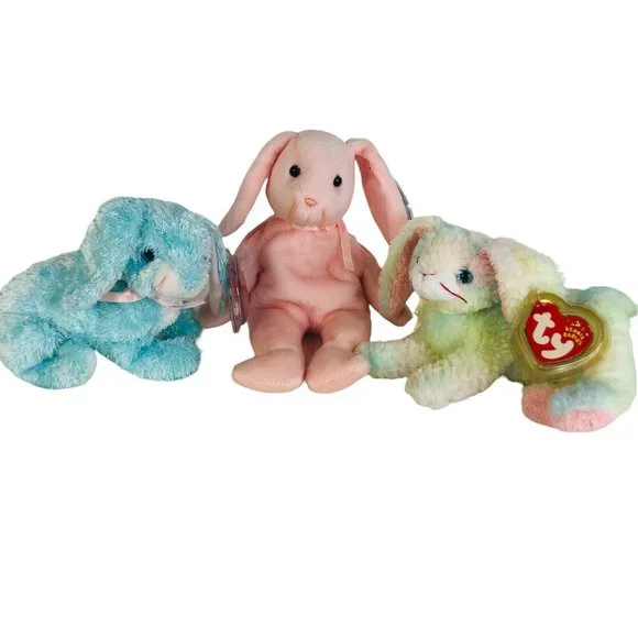 3 TY Beanie Babies Spring Cottonball Hoppity Easter Rabbit Plush Bean Bag Animal