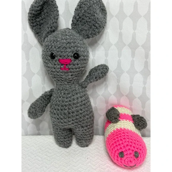 Handmade‎ Crochet Gray Bunny Rabbit Amigurumi With Pink Carrot Toy
