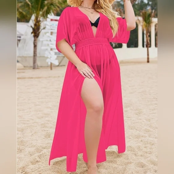 IN'VOLAND Womens Swimsuit Bikini Cover Deep V Neck Long Split Kaftan Kimono, 18W