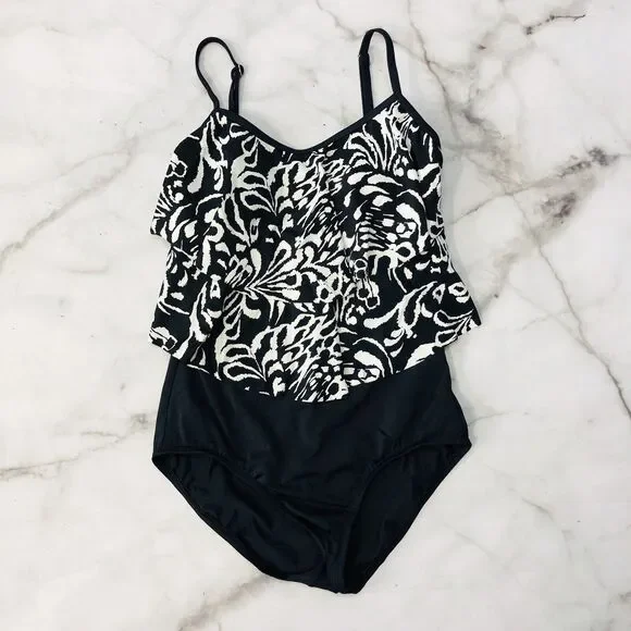 Jantzen Womens One Piece Swimsuit Size 8 Black Ruffled Tiered Floral