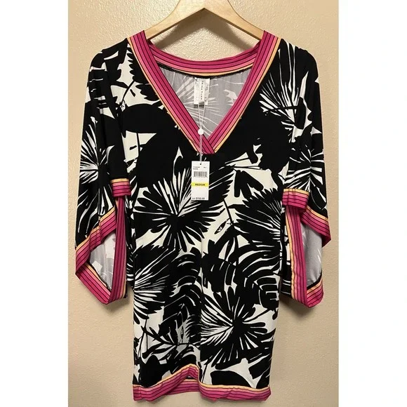 Trina Turk Lennox Swim Cover Up Beach Resort Tunic Dress Black White Pink Size M