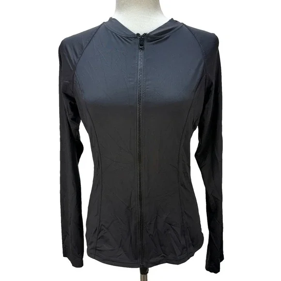 Niptuck Swim Long Sleeve Full‎ Zip Sun Safe Rashgurad Top Black Size 10 Jacket