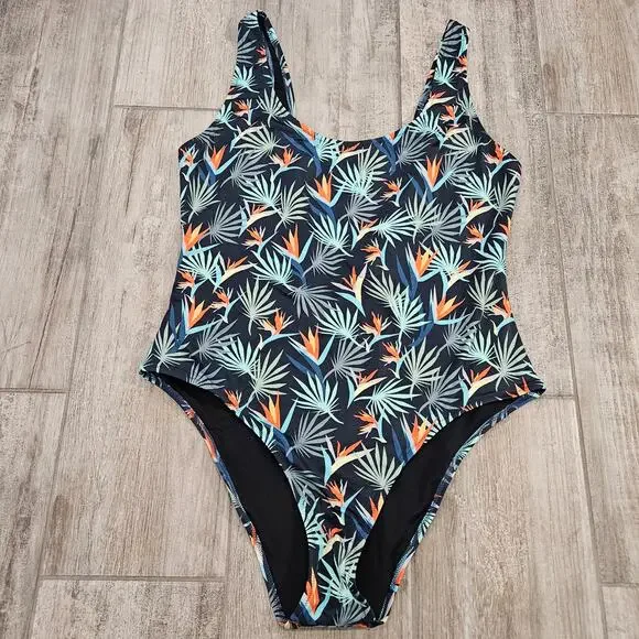 MeUndies Tropical Palms One Piece Swimsuit‎ Womens XL Bird of Paradise Navy