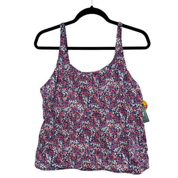 LL Bean Coastal Essential Scoop Tankini Top, Sz 18, Navy Ditsy Floral Print NEW