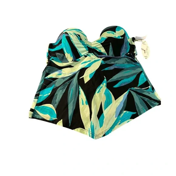 Mynah Tankini Swim Top Womens Medium Blue Black Abstract Palm Bandeau Scarf NWT