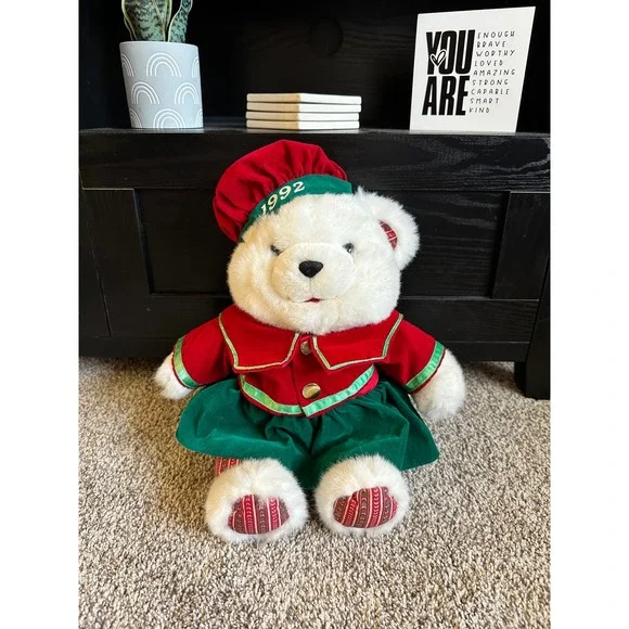 Vintage 1992 Kmart Christmas Bear Plush White Holiday Red Green Velvet Outfit‎