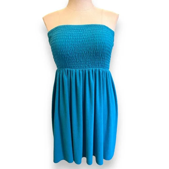 New Torrid 6 (6X 30) Teal Blue Smocked Terry Cloth Swim‎ Cover Up Beach Dress