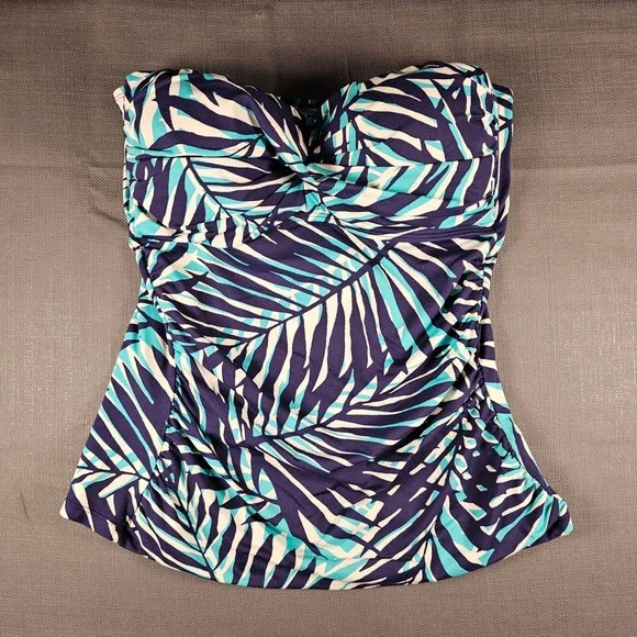 Anne Cole Navy Turquoise Palm Leaf Bandeau Tankini Swim Top‎ Twist Front Ruched