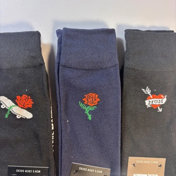 Steve Madden Mens Crew Socks 6 Pack Rose Skateboard Mom Tattoo Design 6-12.5 New