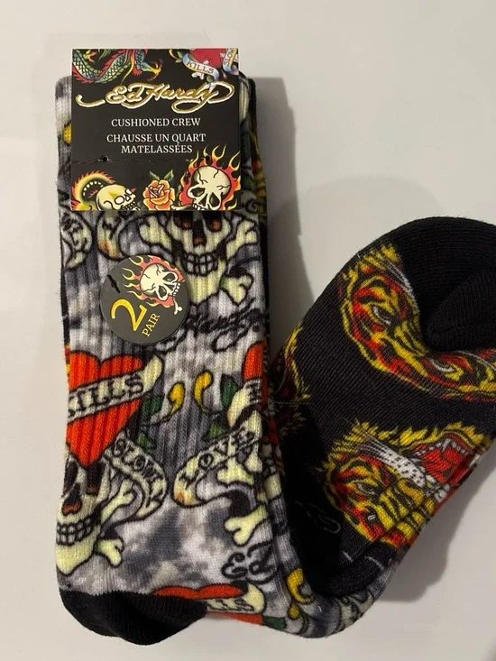 Ed Hardy Men’s Cushioned Crew Socks - Skull Tattoo Print, Black/Gray
