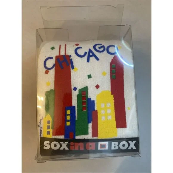 Vintage Socks Chicago Skyline Art Novelty Sox In A Box Canada‎ Made Signed