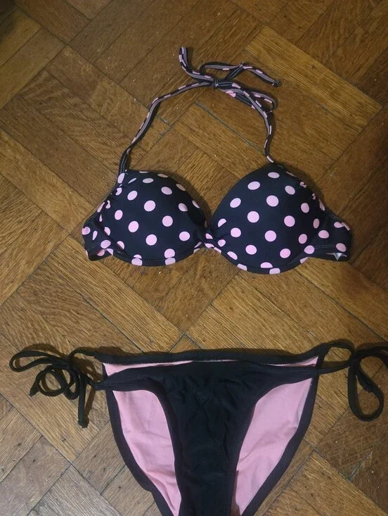 Xhilaration Black Bikini with Pink Polka Dots - Tie Side Set