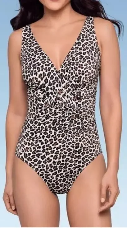 Shape + Style Aqua Green 10 leopard V neck ruched front one piece swimsuit NWT