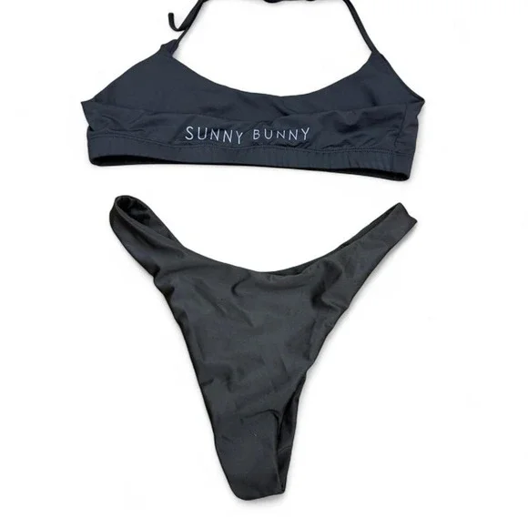 Sunny Bunny Swim Black Two Piece Bikini Set Womens Large Halter High Cut Cheeky