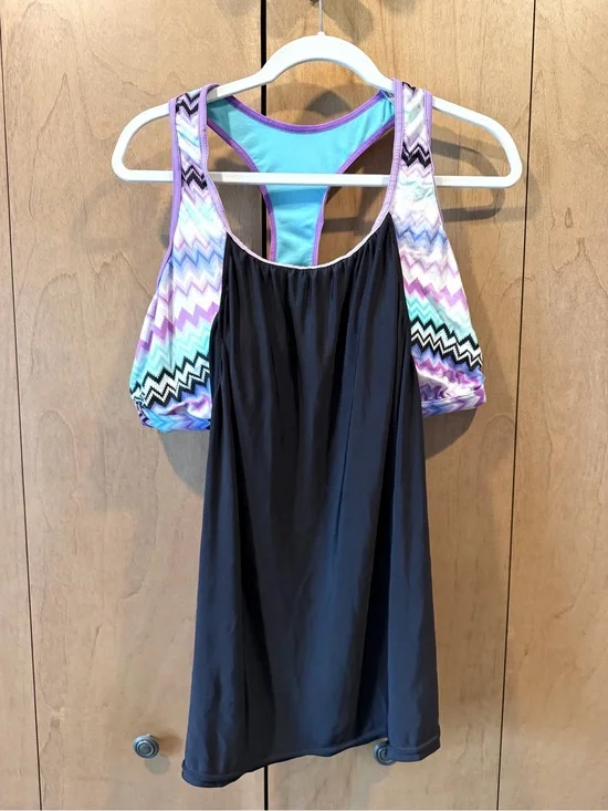 Zeroxposure 16 Black Tankini Swim Top with Lavender Chevron Straps sports bra