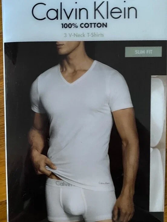 Calvin Klein White V-Neck Slim Fit 100%Cotton Tee (3-Pack)