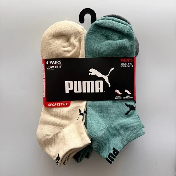 Puma men’s low cut socks 6 pack size 8-12 green grey beige black