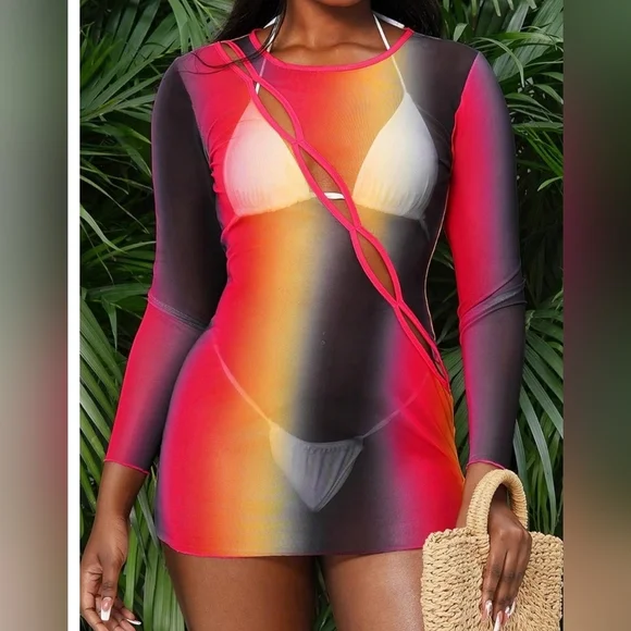 Multicolor Swim Gradient Long Sleeve‎ Cover-Up-(#1,476)