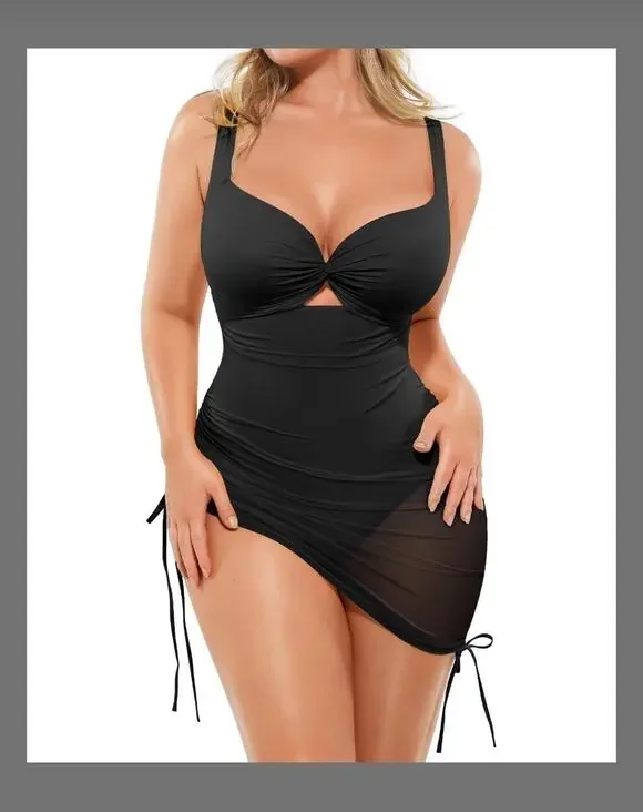 SHAPELLX Women’s One Piece Swimsuit Tummy Control Ruched Mesh Black XXL