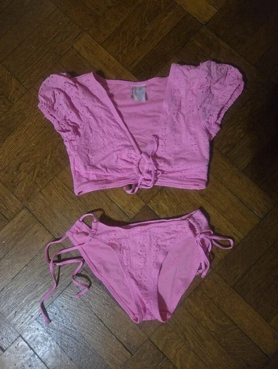 Pink Eyelet Tie-Front Bikini Set Crop Top Celebrity Pink