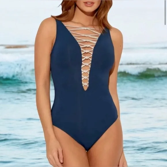 Bleu‎ Rod Beattie Blue Silver One Piece Swimsuit NWT $109 Retail