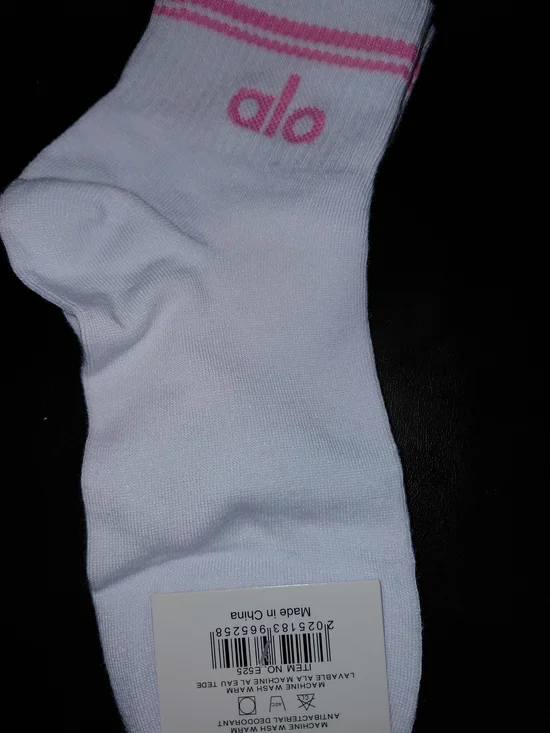 ALO Unisex Yoga White Crew Socks with Pink Logo & Stripes