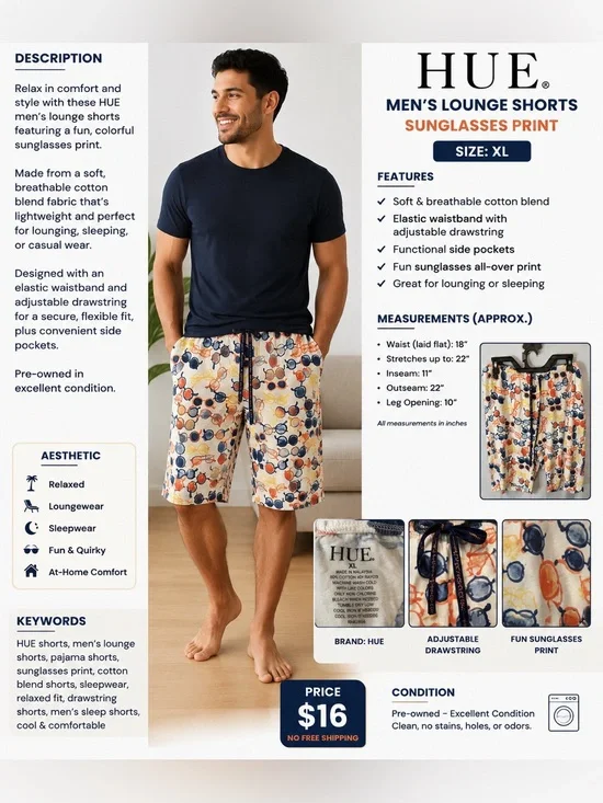 HUE White Lounge Shorts with Navy, Orange & Yellow Sunglasses Print