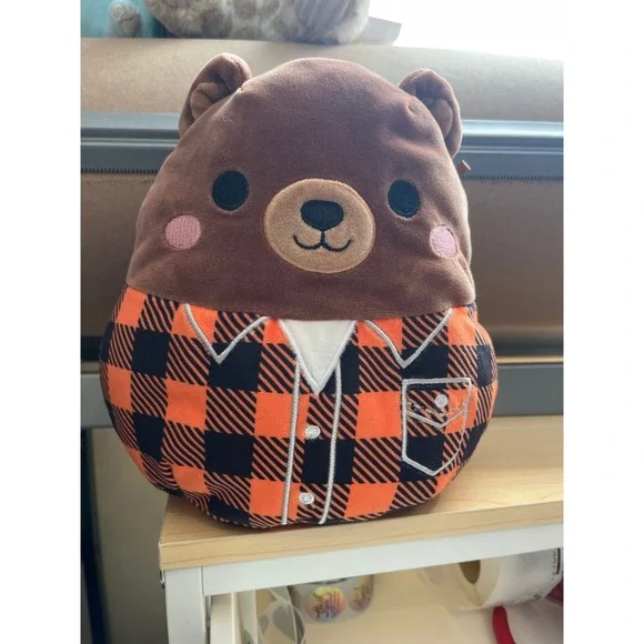 Squishmallows Omar the Bear Orange Black Plaid Flannel‎ Shirt Plush 8 inch